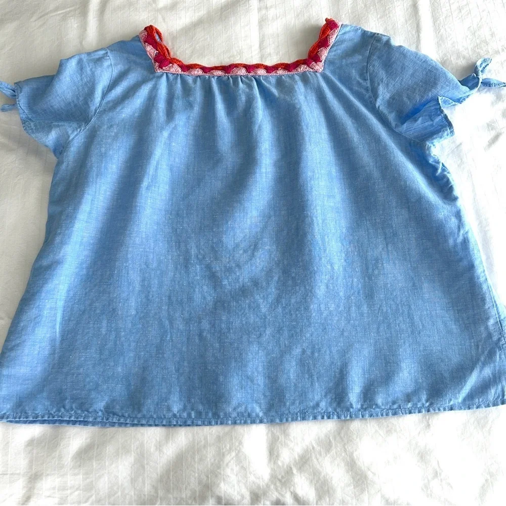 Talbots Blue Linen Top Crochet Trim Pink Coral Short Tie Sleeve Blouse size 2XP - Picture 13 of 16